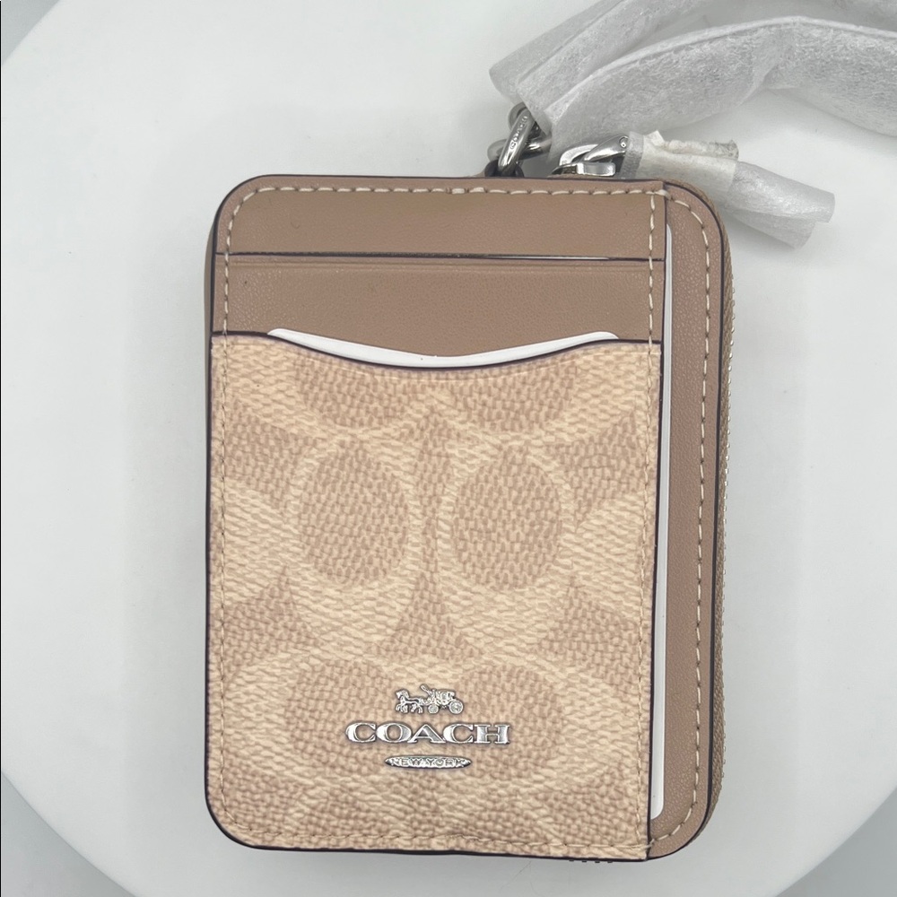 Coach Tan Zip Card Holder with Signature Design